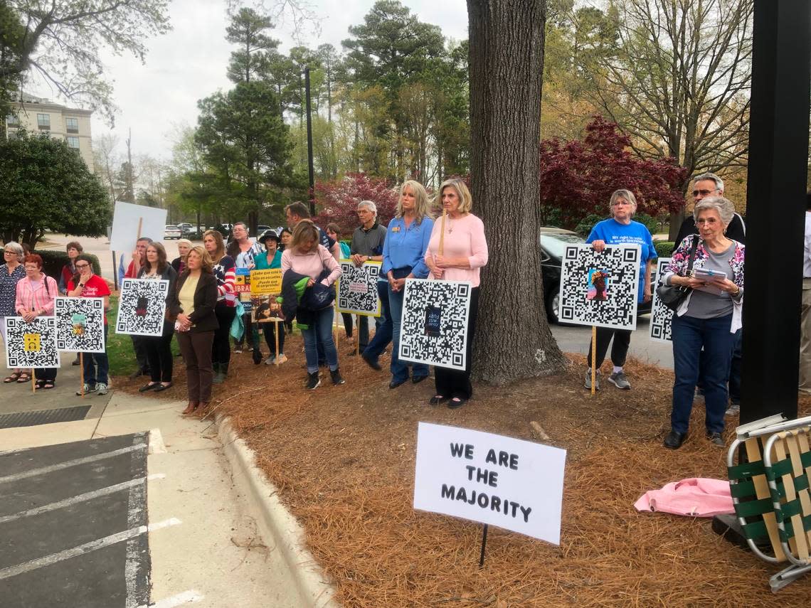 Approximately 50 people attended a protest outside the Wake County school board meeting in Cary on April 5, 2022 to protest what they say is the distribution of obscene books in school libraries.