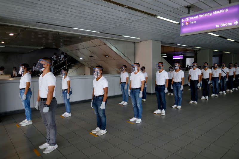 Philippines' police test runs new social distancing rules on public trains in the capital