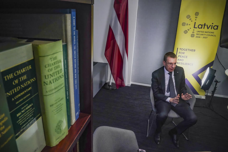 Latvia's President Edgars Rinkēvičs speaks during an interview at Latvia's U.S. Mission, Thursday, Nov. 9, 2023, in New York. (AP Photo/Bebeto Matthews)