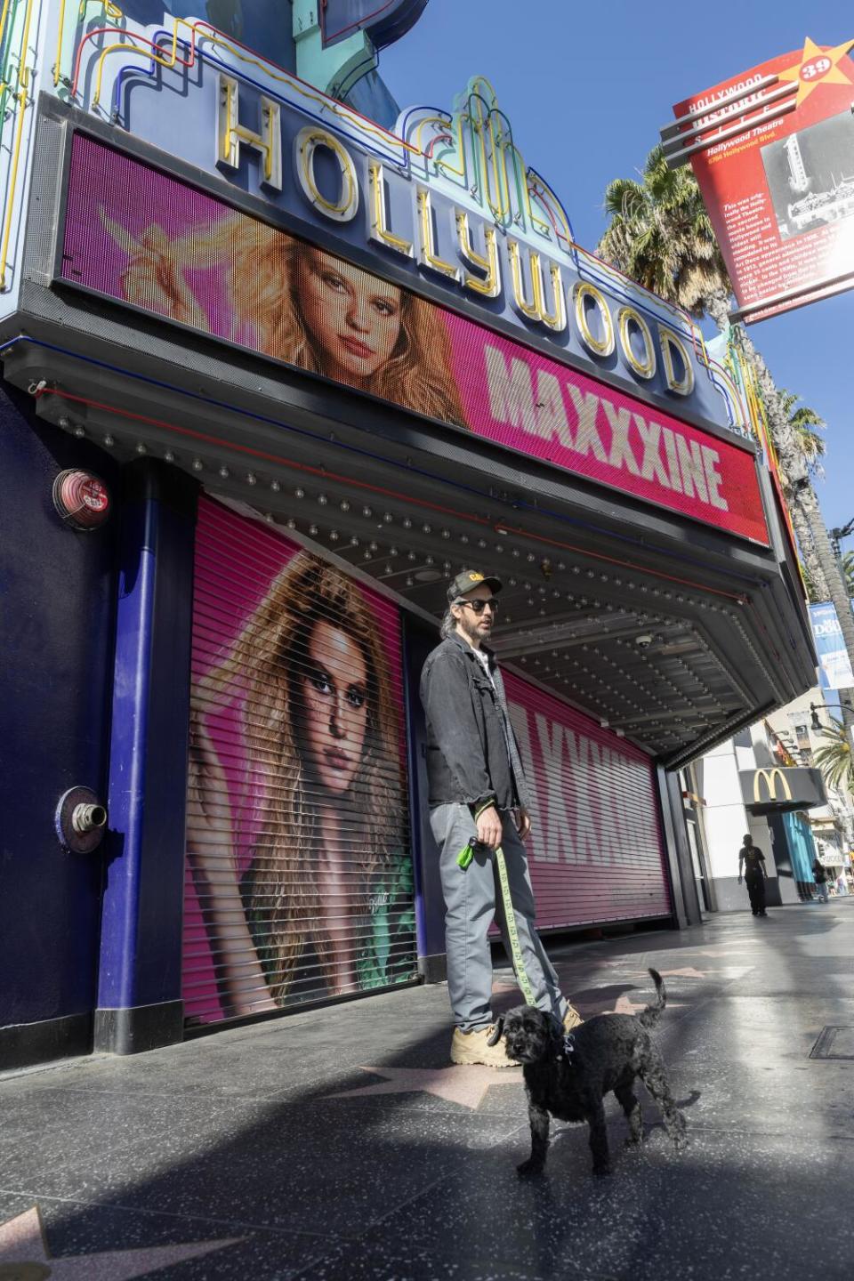 A man and his dog walk in Hollywood.