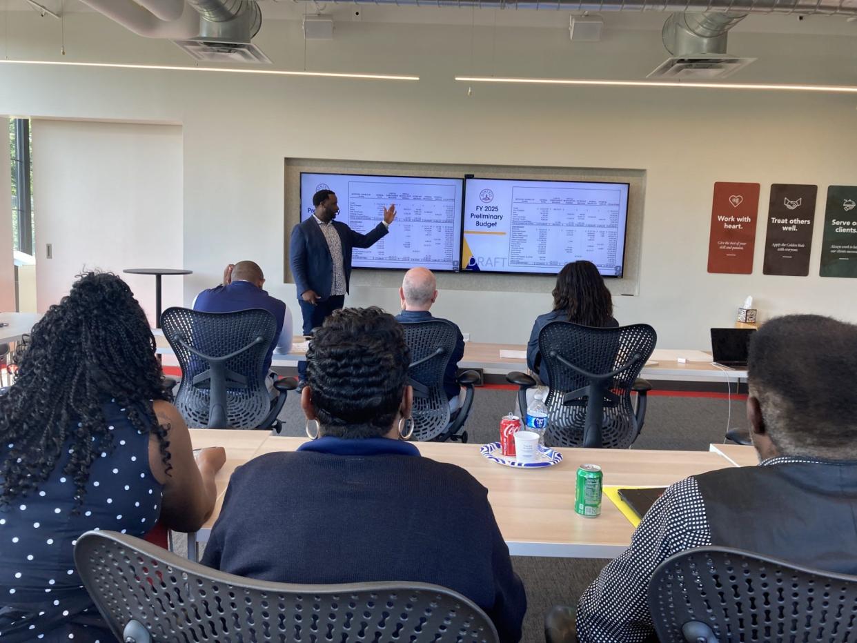 MSCS CFO Tito Langston speaks to board members at a board retreat on Saturday, June 1.