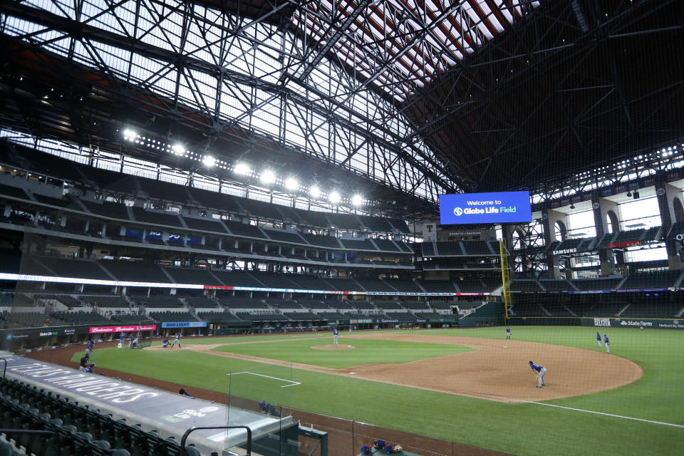 The Texas Rangers play an intrasquad game during baseball practice at Globe Life Field in Arlington, Texas, Friday, July 10, 2020. (AP Photo/Tony Gutierrez)