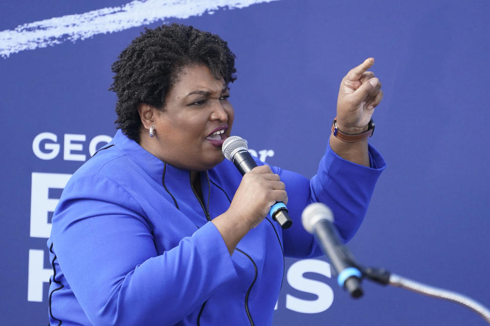 FILE - In this Nov. 1, 2020 file photo, former candidate for Georgia Governor Stacey Abrams speaks during a rally for then Democratic vice presidential candidate Sen. Kamala Harris, D-Calif., in Duluth, Ga. Belarusian opposition figures, Hong Kong-pro-democracy activists, the global Black Lives Matter movement, a jailed Russian opposition leader and two former White House senior advisers are among this year's nominations for the Nobel Peace Prize. (AP Photo/John Bazemore, File)