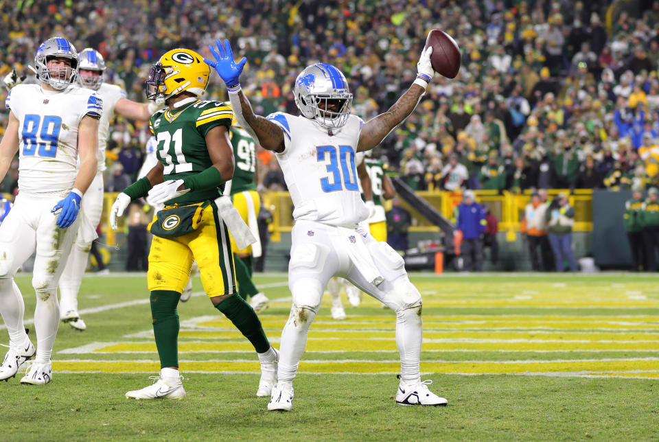 Jamaal Williams von den Detroit Lions machte einige Schlüsselspiele bei einem überwältigenden Sieg über die Packers.  (Foto von Stacey Revere/Getty Images)