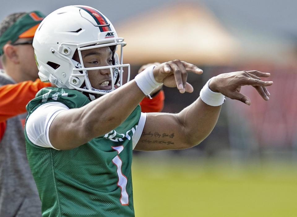 Miami Hurricanes quarterback D'Eriq King (1) gestures during practice on Monday, March 2, 2020 at the University of Miami's Greentree Field in Coral Gables, Fla. (Al Diaz/Miami Herald/Tribune News Service via Getty Images)