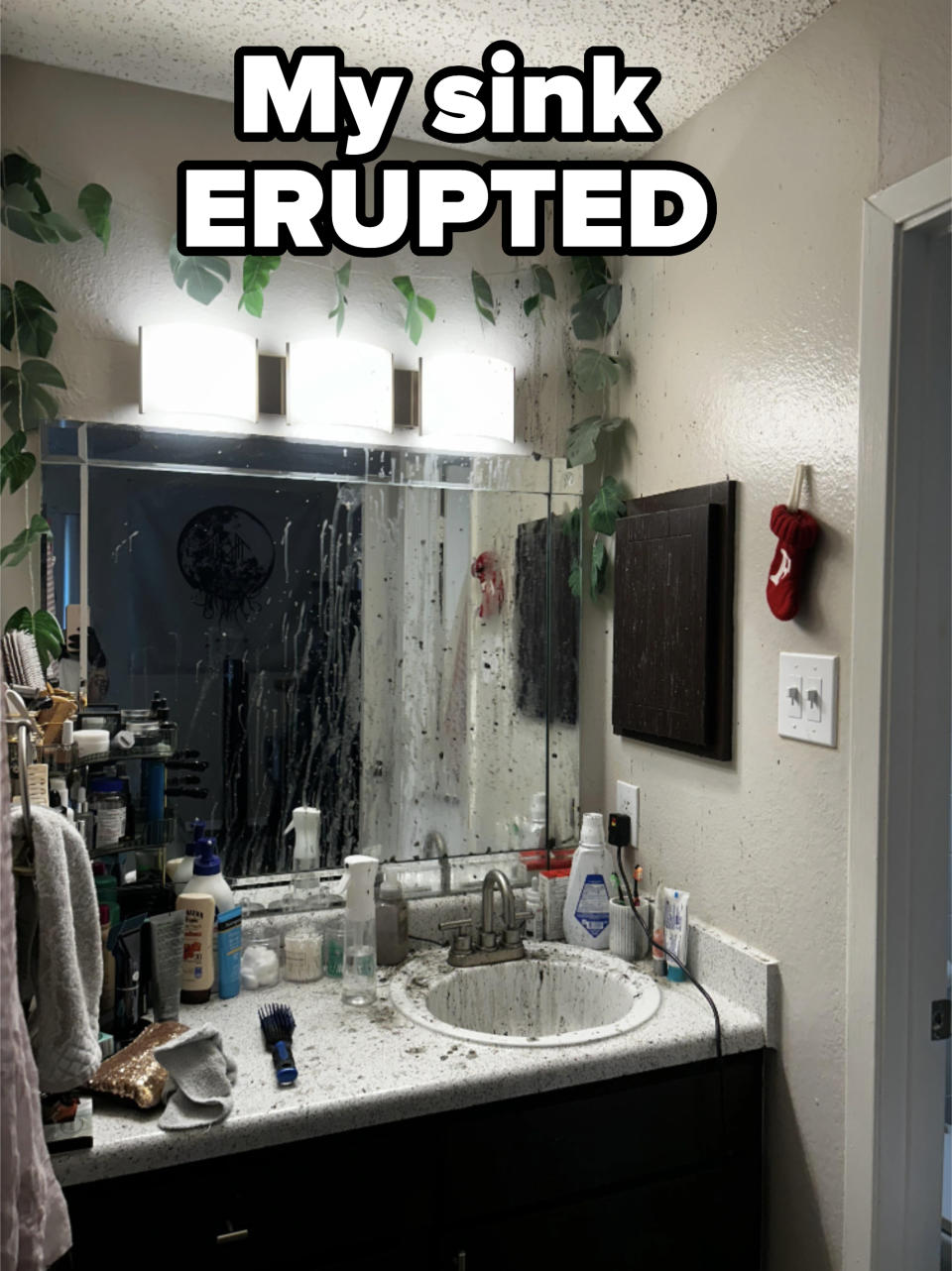 Bathroom vanity with unorganized items on the counter, mirror speckled with spots, and hanging plants above. Walls display framed art and a small red stocking