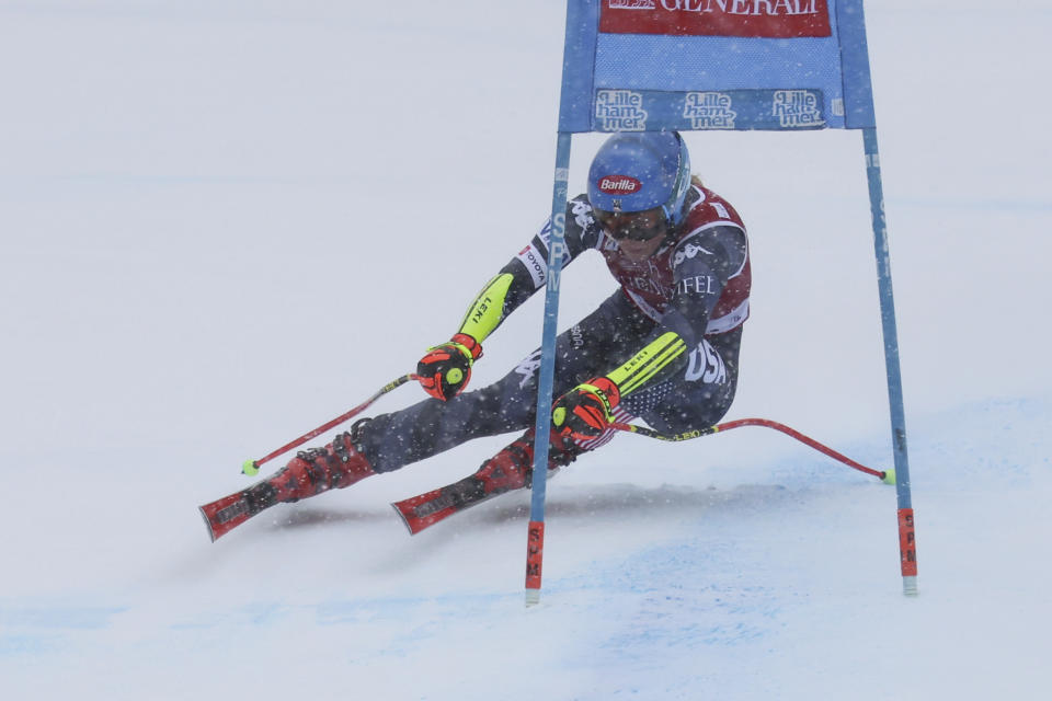 United States' Mikaela Shiffrin speeds down the course during an alpine ski, women's World Cup super G race, in Kvitfjell, Norway, Sunday, March 5, 2023. (AP Photo/Marco Trovati)