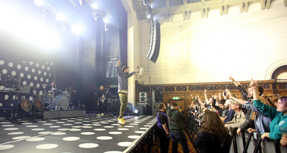 SOUTHAMPTON, ENGLAND - OCTOBER 30: Ian Matthews and Serge Pizzorno and Chris Edwards of Kasabian perform at O2 Guildhall on October 30, 2021 in Southampton, England. (Photo by Harry Herd/Redferns)