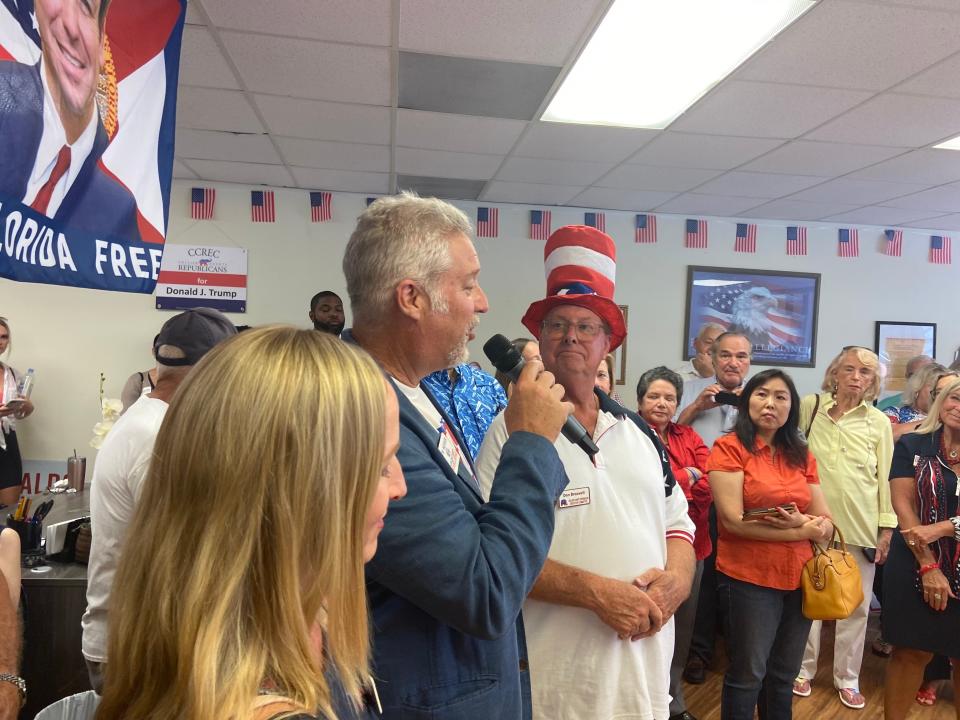 School Board candidate Tim Moshier speaking at the Collier GOP office grand opening on August 7, 2022