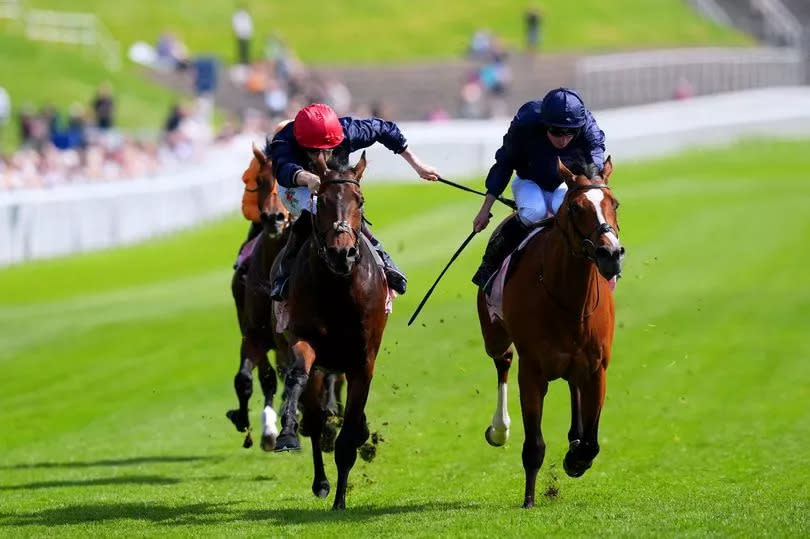 Capulet, ridden by jockey Ryan Moore (right), on the way to winning the Boodles Raindance Dee Stakes on day two of the 2024 Boodles Chester May Festival  at Chester Racecourse on Thursday. May 9 2024
