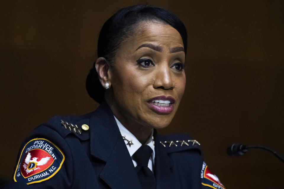 FILE - In this June 16, 2020, file photo Chief Cerelyn Davis, president of the National Organization of Black Law Enforcement Executives and Chief of Police of the Durham, N.C., Police Department, testifies during a Senate Judiciary Committee hearing on police use of force and community relations on on Capitol Hill in Washington. Davis said reform is possible, but there must national accountability standards, and teeth behind them. (Tom Williams/CQ Roll Call/Pool via AP, File)