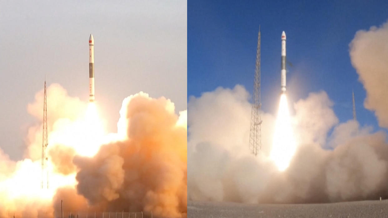  Side-by-side photos of two daytime rocket launches. 