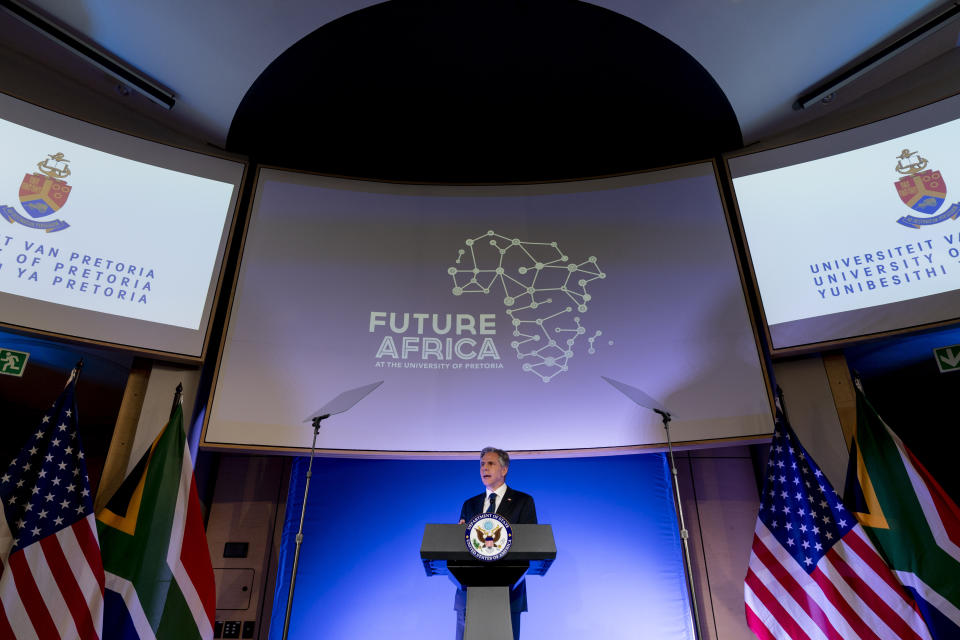 Secretary of State Antony Blinken gives a speech on the U.S. Africa Strategy at the University of Pretoria's Future Africa Campus in Pretoria, South Africa, Monday, Aug. 8, 2022. Blinken is on a ten day trip to Cambodia, Philippines, South Africa, Congo, and Rwanda. (AP Photo/Andrew Harnik, Pool)