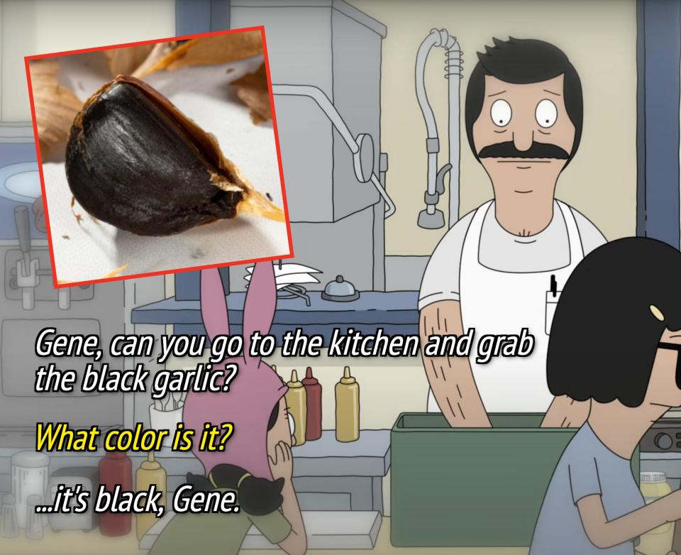 bob from bob's burgers asking gene to get black garlic in the kitchen, with inset image of black garlic clove for reference