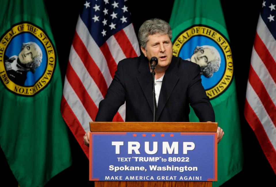 Washington State football head coach Mike Leach throws his support behind Donald Trump during a recent appearance in Spokane, Wash.