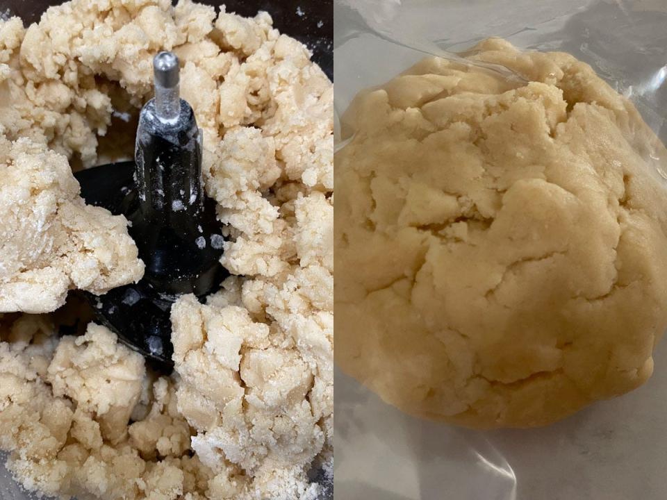 Alton Brown dough in a food processor next to it rolled up in a ball.