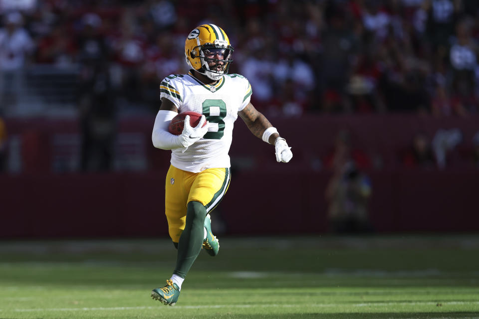 Green Bay Packers wide receiver Amari Rodgers (8) runs against the San Francisco 49ers during the first half of an NFL preseason football game in Santa Clara, Calif., Friday, Aug. 12, 2022. (AP Photo/Jed Jacobsohn)