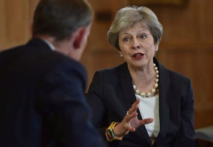 Britain's Prime Minister Theresa May speaking on the Marr Show on BBC television at her official country residence Chequers in Buckinghamshire, Britain, June 17, 2018.  Jeff Overs/BBC/Handout via REUTERS