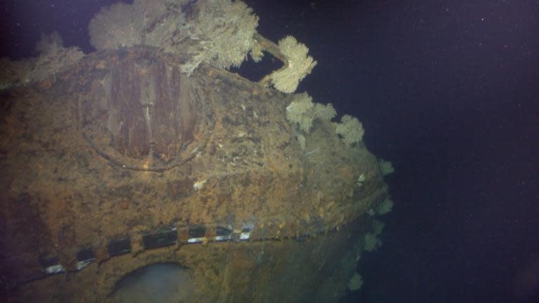 The bow of the World War II Japanese battleship Musashi after it was found in Sibuyan Sea, Philippines, is shown in this image taken March 2, 2015 from the Paulallen.com website