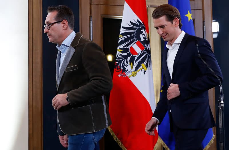 FILE PHOTO: Head of the FPOe Strache and head of the OeVP Kurz leave a news conference in Vienna