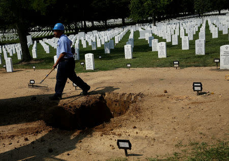 Workers dig a grave in Arlington National Cemetery's Section 60, which contains the graves of many of the members of the U.S. military killed in recent conflict in Afghanistan, in Washington, U.S., August 21, 2017. REUTERS/Joshua Roberts