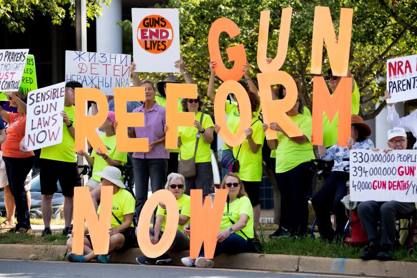 Supporters of gun control reform protest against the National Rifle Association at the NRA headquarters in Fairfax, Virginia on Wednesday. There has been a renewed call for gun control reform legislation in the United States following the mass shooting that killed 22 people in El Paso, Texas; and the mass shooting the following day in Dayon, Ohio, that resulted in ten deaths.