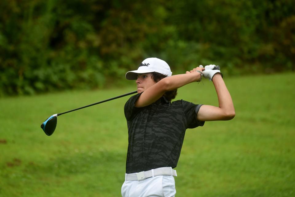 Heath's David Link tees off during the Licking County League's first tournament event of the season on Wednesday, Aug. 10, 2022 at Clover Valley Golf Club in Johnstown.