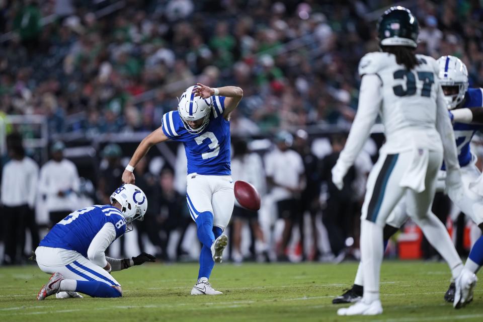 Indianapolis Colts place-kicker Lucas Havrisik (3) scores a field goal during the second half of an NFL preseason football game against the Philadelphia Eagles on Thursday, Aug. 24, 2023, in Philadelphia. (AP Photo/Matt Rourke)