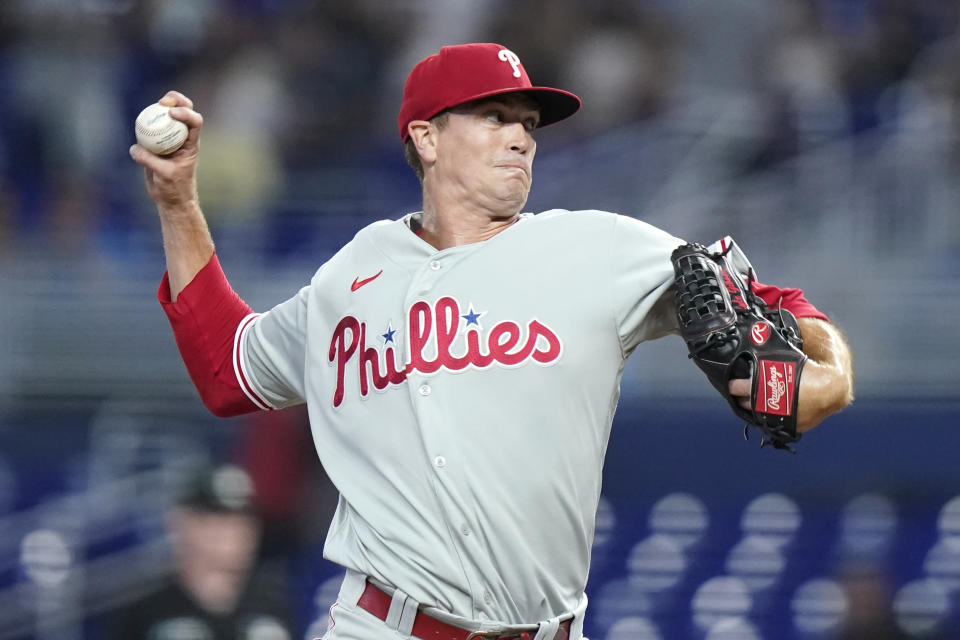 Philadelphia Phillies starting pitcher Kyle Gibson throws during the first inning of the team's baseball game against the Miami Marlins, Friday, July 15, 2022, in Miami. (AP Photo/Lynne Sladky)