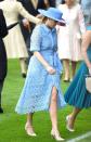<p>Princess Beatrice was on color trend at the first day of Royal Ascot, wearing the same hue as both Queen Elizabeth and Kate Middleton. Her look consisted of a guipure lace wrap dress with a Peter Pan collar, accentuated with a matching flat-brim hat and nude pumps. </p>