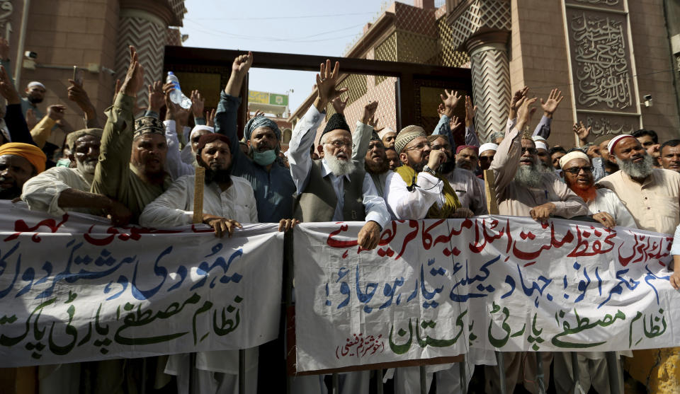 Supporters of a Pakistani religious group chant slogans during a demonstration to condemn Israel's use of force against the Palestinians, in Karachi, Pakistan, Friday, May 14, 2021. (AP Photo/Fareed Khan)