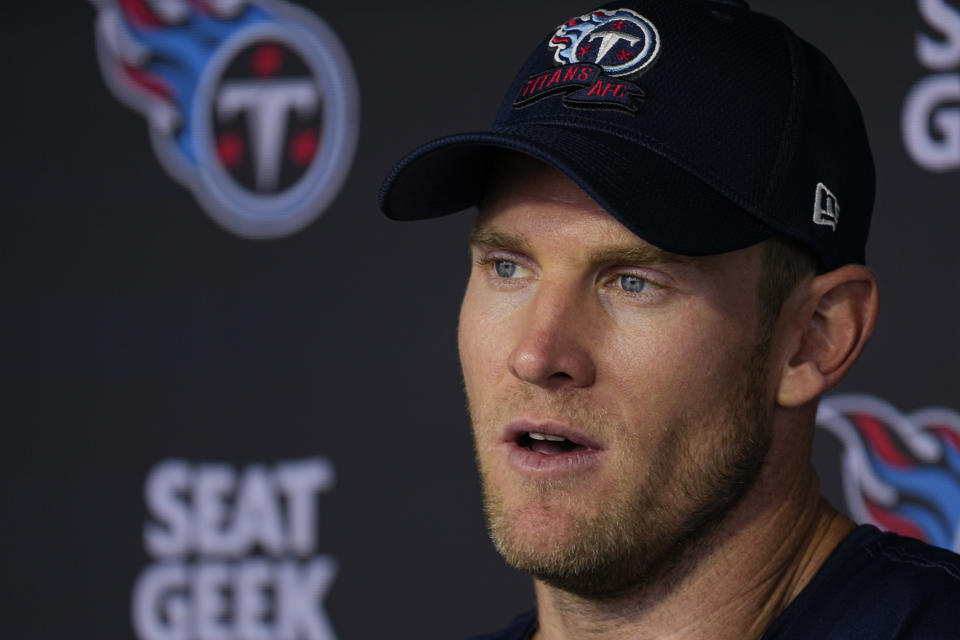 Tennessee Titans quarterback Ryan Tannehill responds to questions after an NFL football training camp practice Wednesday, July 26, 2023, in Nashville, Tenn. (AP Photo/George Walker IV)