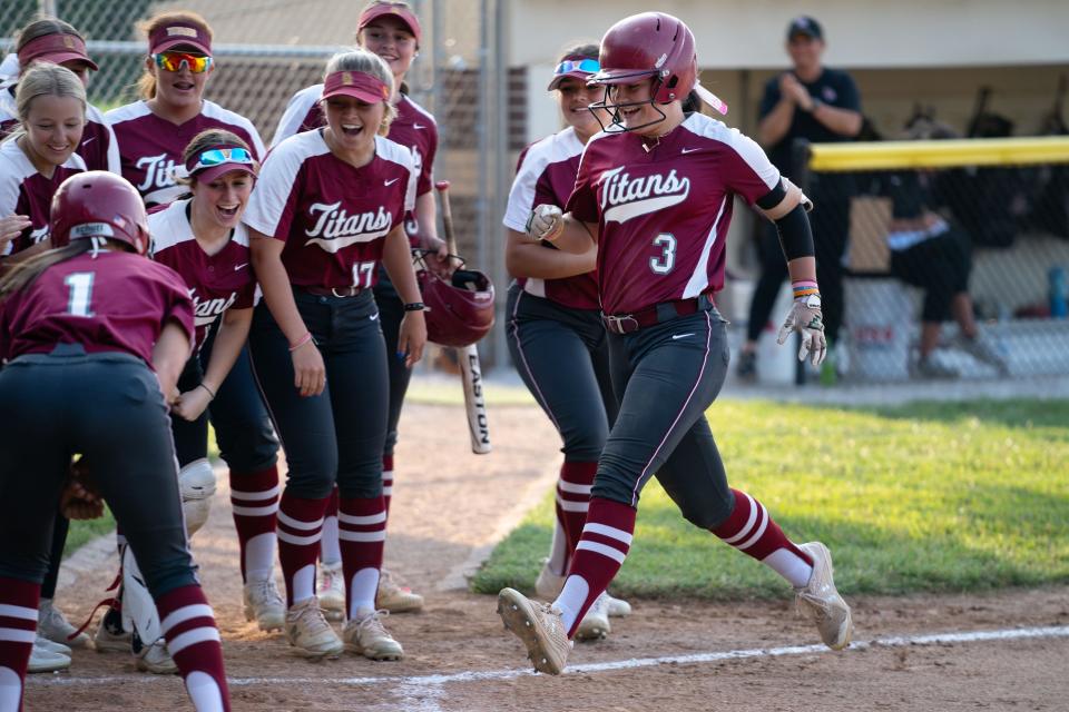 Gibson Southern's Lauryn Adamson (3) heads home after a 3-run homer against Memorial during their 2023 Class 3A Softball Sectional at Gibson Southern Wednesday evening, May 25, 2023.
