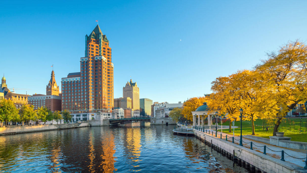 Downtown skyline with Buildings along the Milwaukee River, in Milwaukee, Wisconsin.