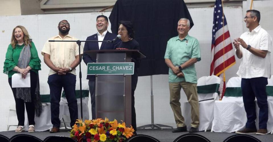 Dolores Huerta had people laughing during her speech at the celebration of the renaming of Kings Canyon and two other streets in honor of farmworker icon César E. Chávez. The celebration took place at the Fresno fairgrounds on June 10, 2023.