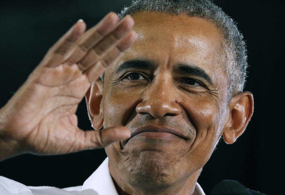 Former President Barack Obama speaks at a rally in support of candidate for Senate Jacky Rosen and other Nevada Democrats, Monday, Oct. 22, 2018, in Las Vegas. (AP Photo/John Locher)