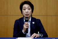 President of the Tokyo 2020 Olympics Organizing Committee Seiko Hashimoto speaks during a press briefing on the operation and media coverage of Tokyo 2020 Olympic Torch Relay in Tokyo Thursday, Feb. 25, 2021. (Behrouz Mehri/Pool Photo via AP)