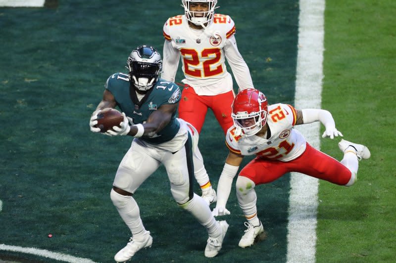 Philadelphia Eagles wide receiver A.J. Brown (L) is my No. 3 fantasy football play for Week 1. File Photo by Aaron Josefczyk/UPI