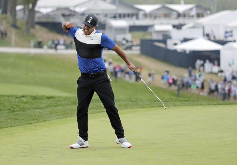 Brooks Koepka reacts after winning the PGA Championship golf tournament, Sunday, May 19, 2019, at Bethpage Black in Farmingdale, N.Y. (AP Photo/Julio Cortez)