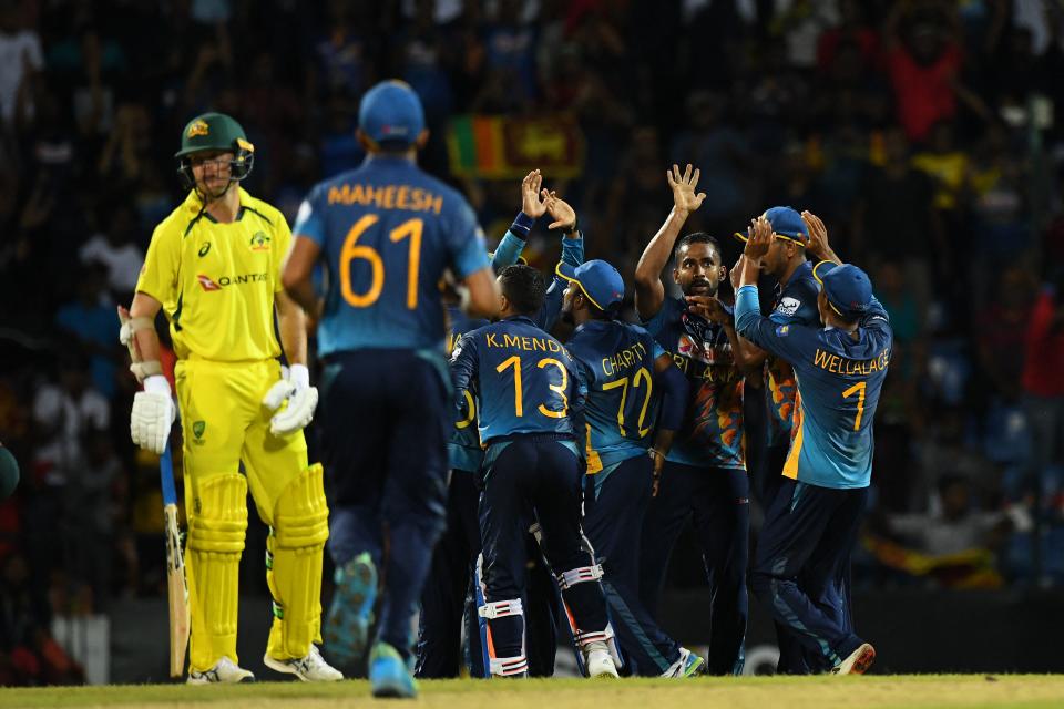 Sri Lankan players, pictured here celebrating after beating Australia in the second ODI.