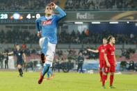 Napoli's Jose Callejon celebrates after scoring against Midtjylland during their Europa League Group D soccer match at the San Paolo stadium in Naples November 5, 2015. REUTERS/Ciro De Luca