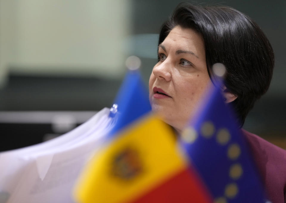 FILE - Moldova's Prime Minister Natalia Gavrilita waits for the start of the EU-Moldova Association Council at the European Council building in Brussels on Tuesday, Feb. 7, 2023. Moldova’s government collapsed Friday, Feb. 10, 2023 as pro-Western Prime Minister Natalia Gavrilita resigned, adding to a series of crises that have gripped the small nation since Russia invaded its neighbor, Ukraine. (AP Photo/Virginia Mayo, File)