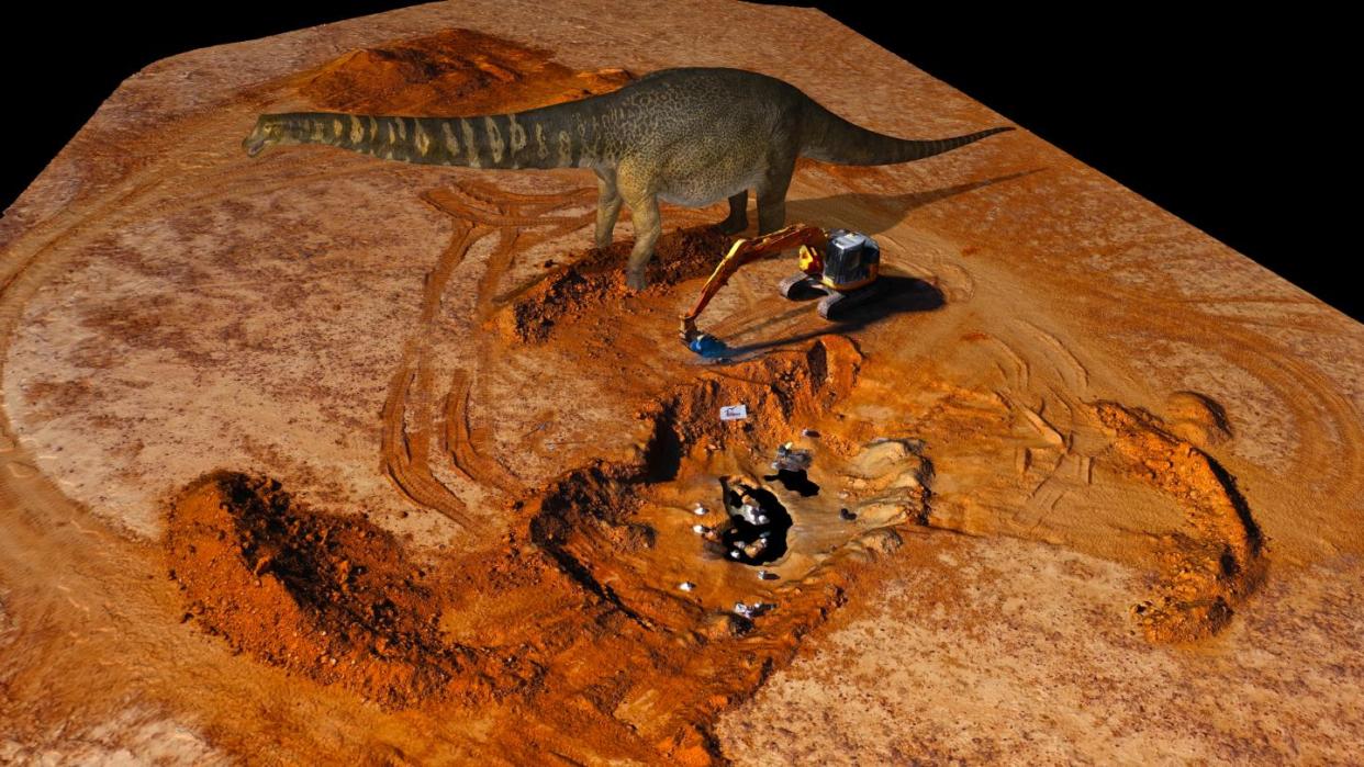 <p>A virtual reconstruction of the dinosaur Australotitan cooperensis created by Eroman Museum</p> (Eroman Museum)