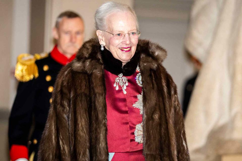 <p>IDA MARIE ODGAARD/Ritzau Scanpix/AFP via Getty</p> Queen Margrethe arrives to greet the diplomatic corps during a New Year reception at Christiansborg Palace on Jan. 3.