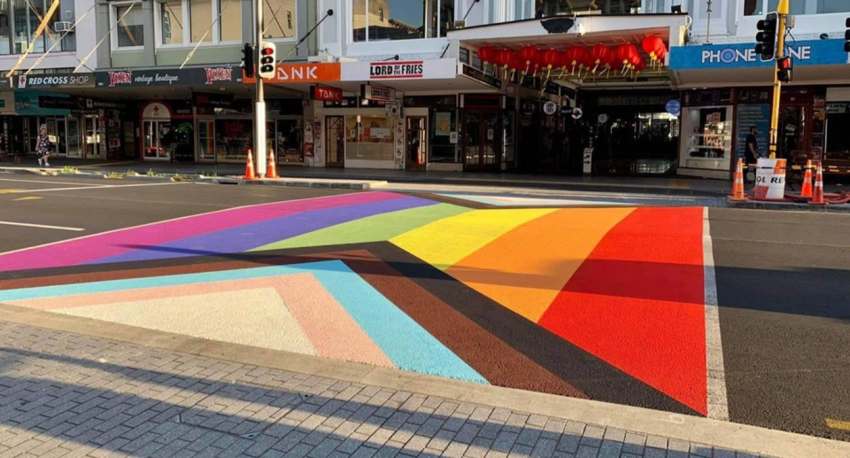 The rainbow crossing on Karangahape Road in Auckland's CBD. 