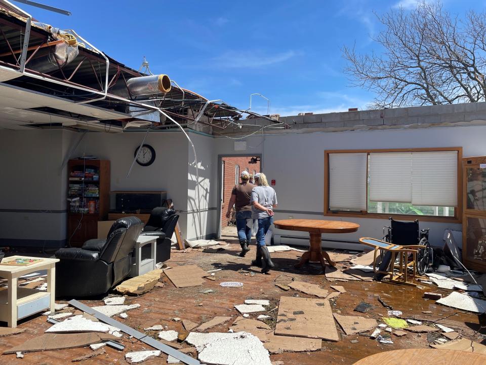 The dining room at Avantara Nursing Home in Salem on Friday, May 13, 2022. The dining room roof was ripped off during the storm on Thursday evening.