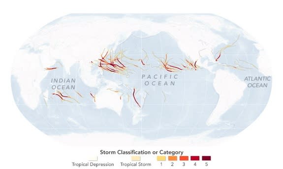 A map showing all of the recorded storms that hit during 2015. Unisys Weather compiled the data from the U.S. National Weather Service and the Joint Typhoon Warning Center.