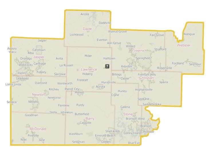 The 7th district under a congressional redistricting proposal passed by the Missouri Senate on March 24, 2022.