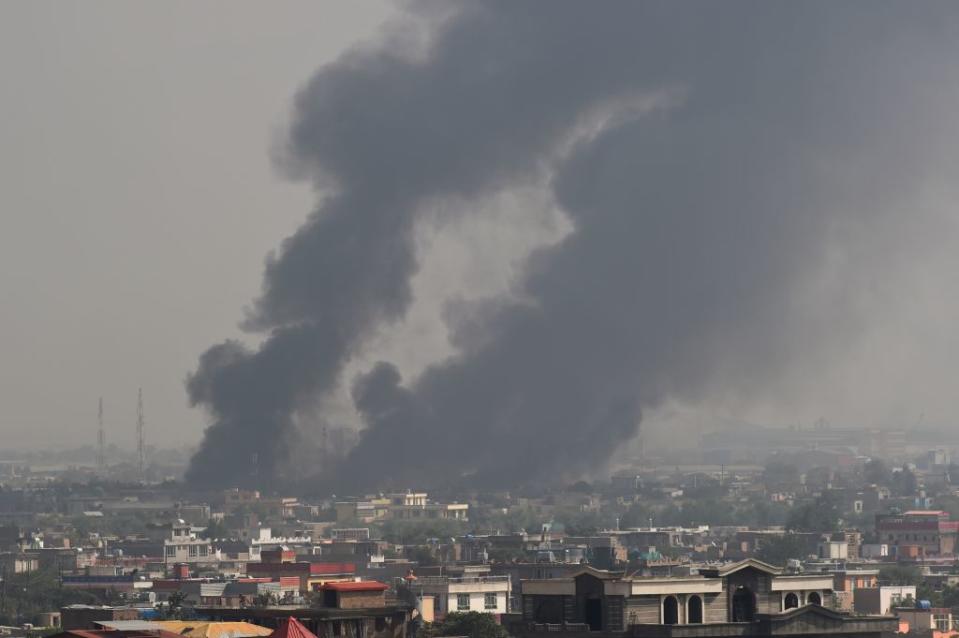 Smoke rises from the site of an attack after a massive explosion the night before near the Green Village in Kabul on September 3, 2019. A massive blast in a residential area of Kabul killed at least 16 people, officials said. Source: Wakil Koshar