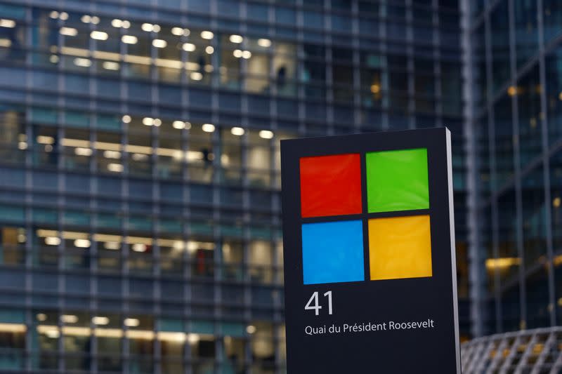 A Microsoft logo is seen in Issy-les-Moulineaux near Paris